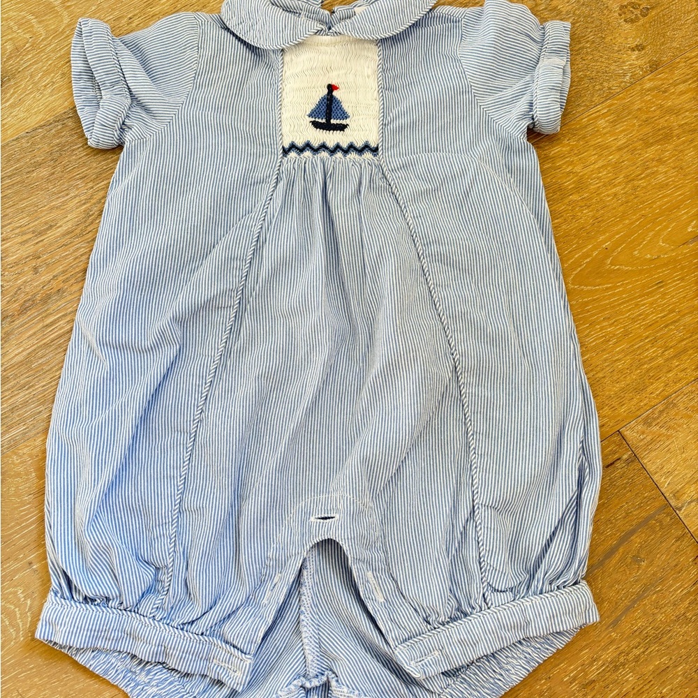 Rachel Riley Blue Striped Baby Romper with Sailboat Embroidery Boy 12m